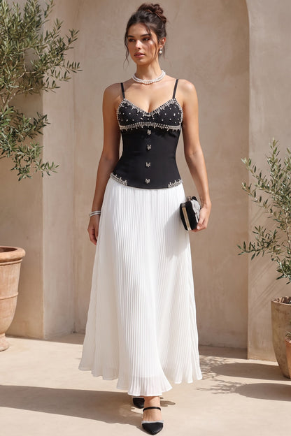 Black Embellished Corset Bodice and White Pleated Maxi Skirt Two-Piece Dress Set black, white structured crepe or satin blend for bodice; lightweight chiffon for skirt two-piece dress set - product view 8