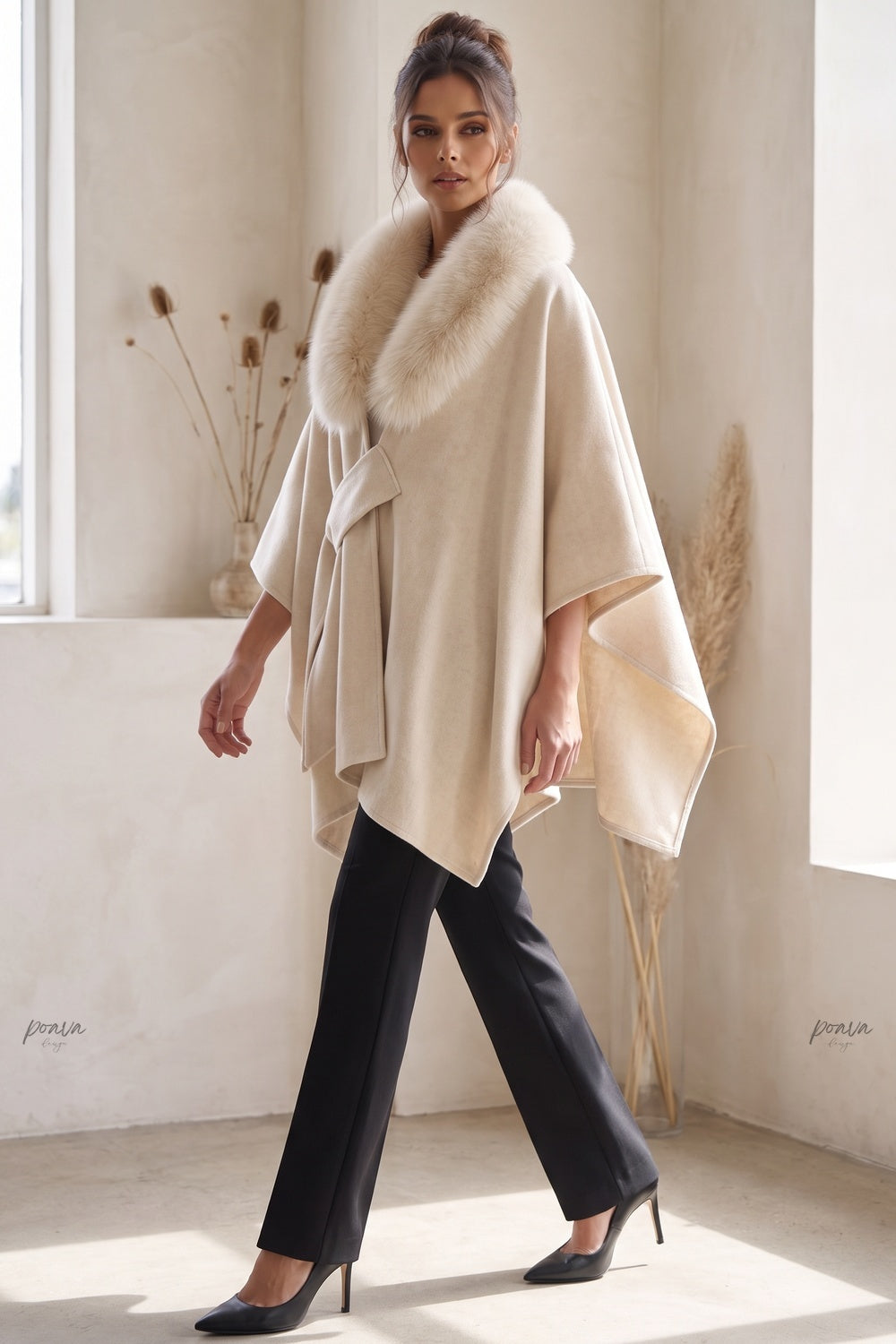 Cream Brushed Wool Blend Draped Wrap Cape Cream, Beige Brushed wool or cashmere blend Cape - product view 8