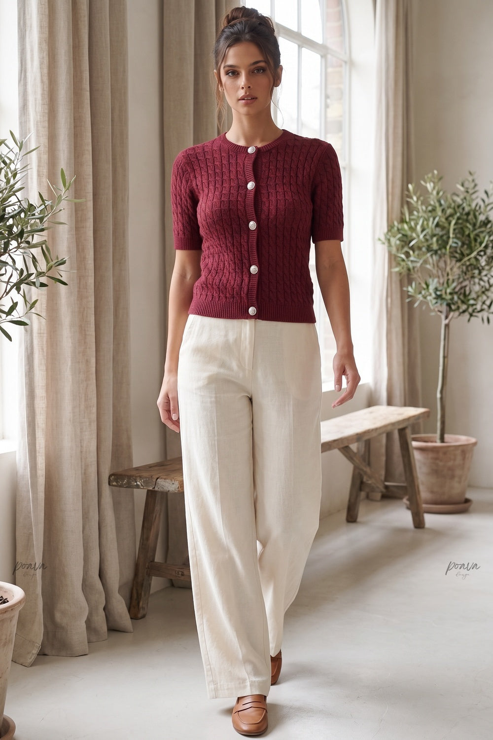 Burgundy Cable-Knit Wool Blend Fitted Short-Sleeve Cardigan burgundy cable-knit wool blend cardigan - product view 8