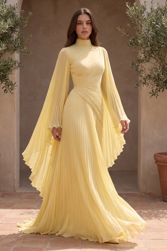 Pastel Yellow Chiffon A-Line Gown pastel yellow chiffon gown - product view 8