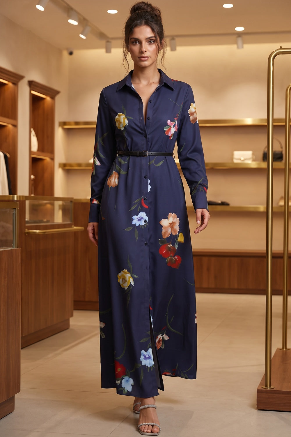 Navy Blue Floral Satin-Weave A-Line Shirt Dress navy blue satin-weave synthetic or silk blend shirt dress - product view 8