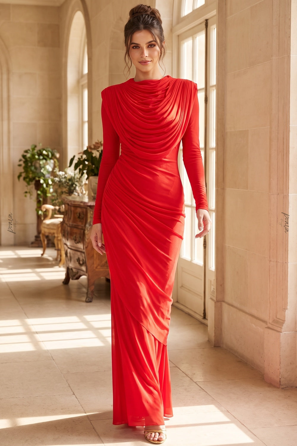 Bright Red Stretch Jersey Column Evening Gown bright red stretch jersey evening gown - product view 8