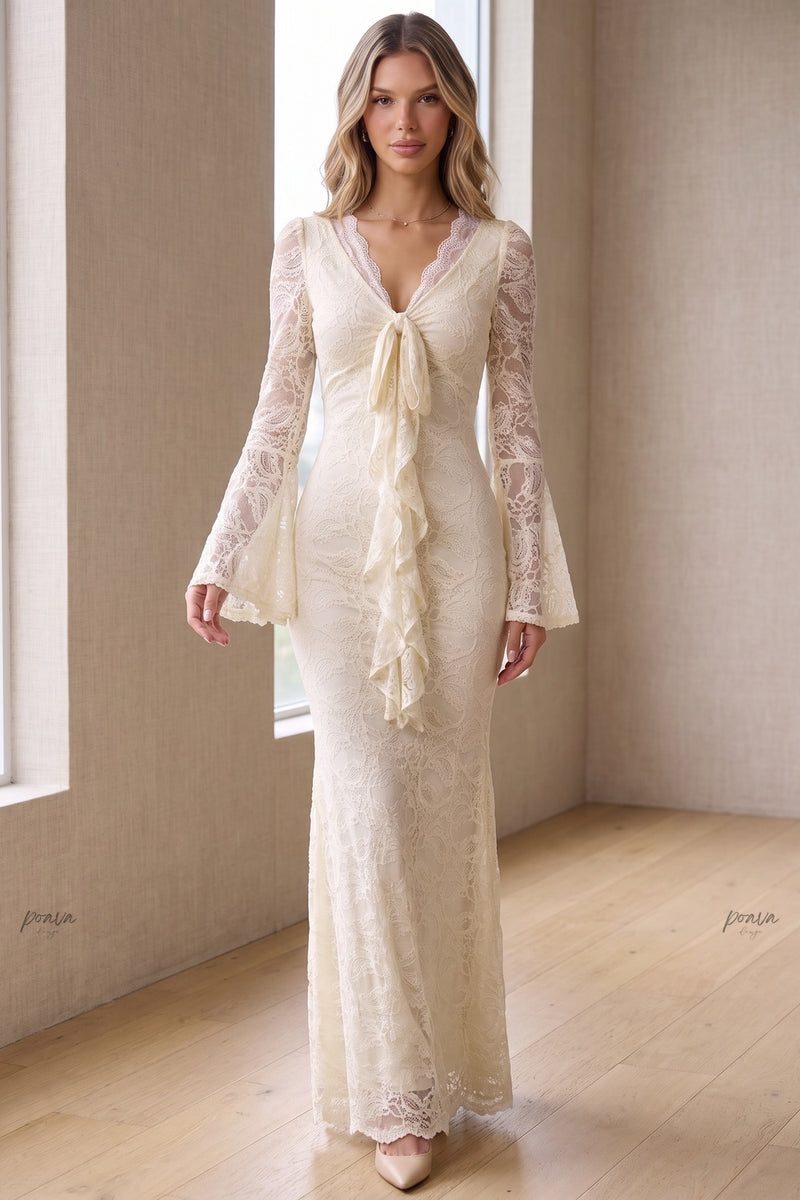 Cream Floral Lace Mermaid Maxi Dress