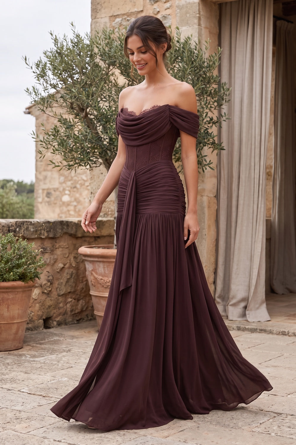 Chocolate Brown Chiffon Mesh Fitted Drop-Waist Gown chocolate brown chiffon mesh gown - product view 8