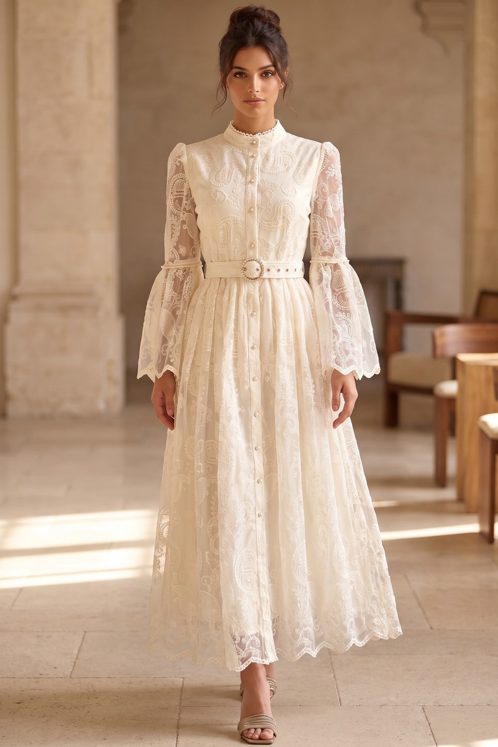 Cream Embroidered Floral Lace A-Line Dress Cream, Off-white Embroidered floral lace Dress - product view 8