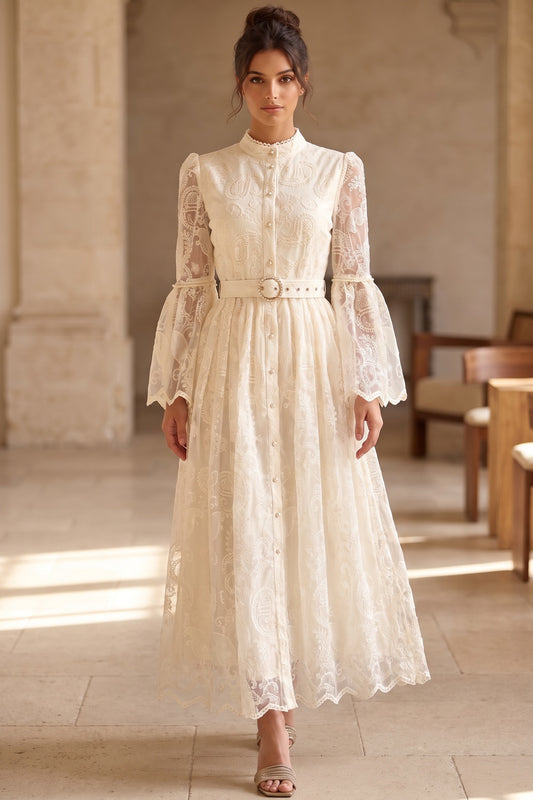 Cream Embroidered Floral Lace A-Line Dress Cream, Off-white Embroidered floral lace Dress - product view 8