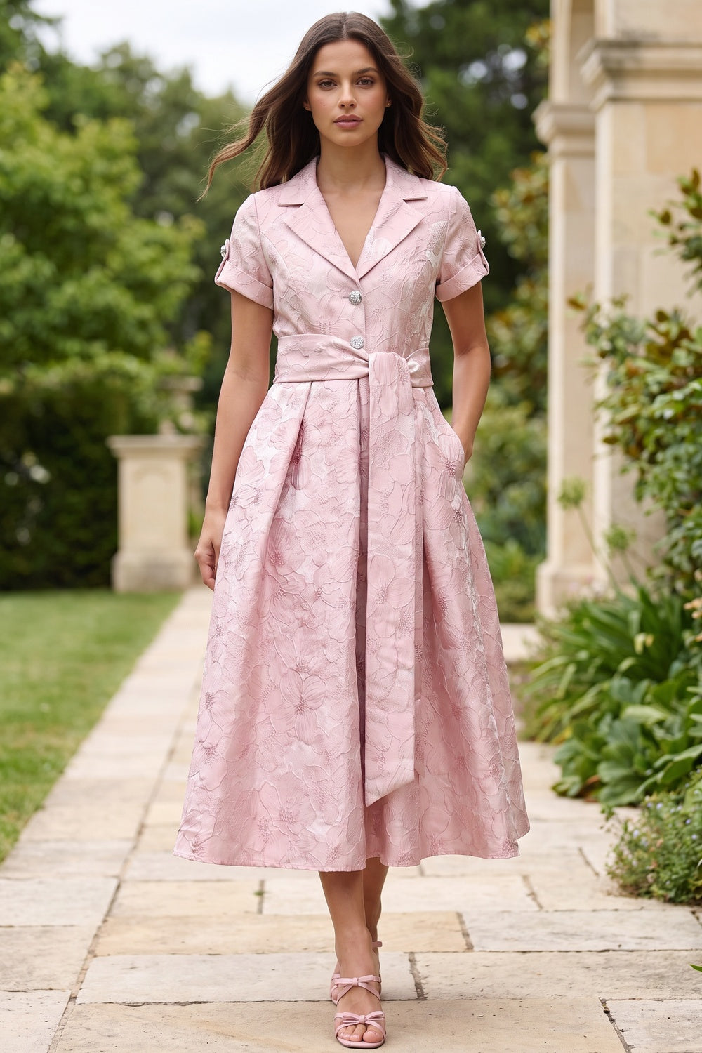 Pale Pink Floral Jacquard Fit-and-Flare Midi Dress with Metallic Sheen Pale pink Floral jacquard / brocade Midi dress - product view 8
