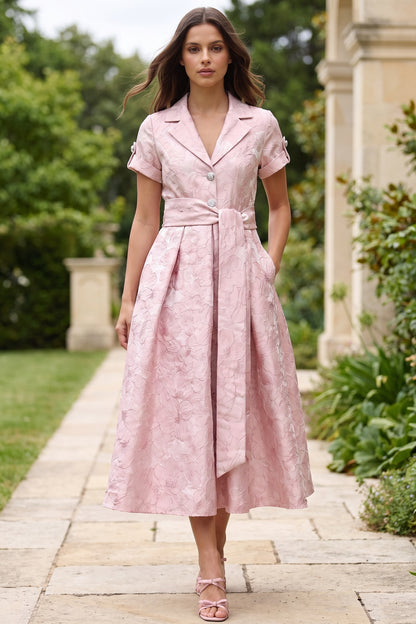 Pale Pink Floral Jacquard Fit-and-Flare Midi Dress with Metallic Sheen Pale pink Floral jacquard / brocade Midi dress - product view 8