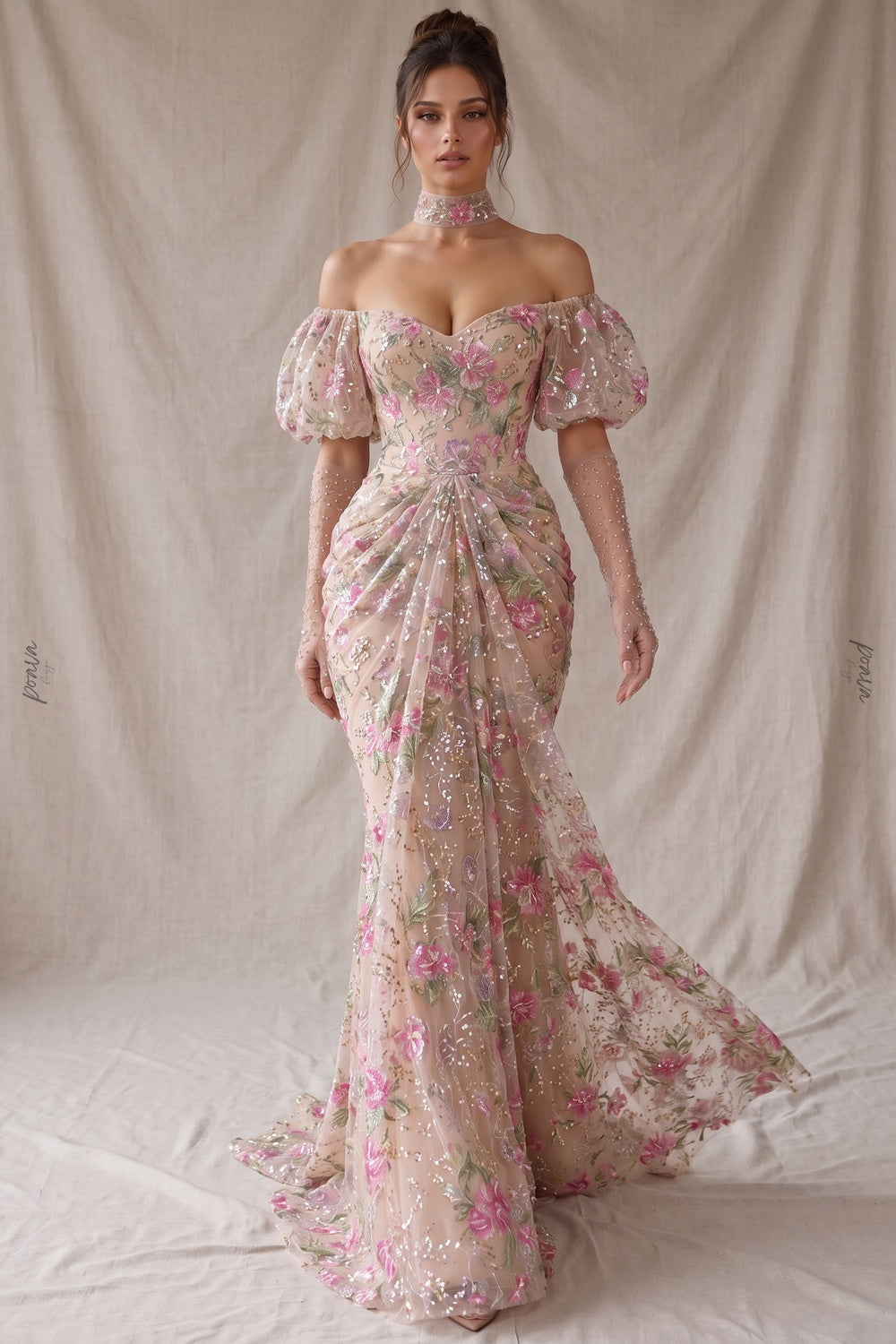Nude Embroidered Tulle Mesh Mermaid Gown with Floral Sequin Detailing nude, beige embroidered tulle mesh gown - product view 8