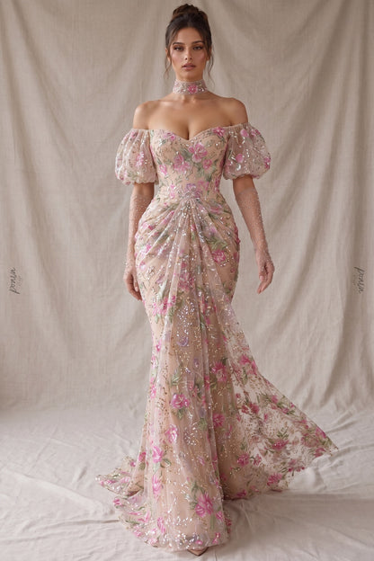 Nude Embroidered Tulle Mesh Mermaid Gown with Floral Sequin Detailing nude, beige embroidered tulle mesh gown - product view 8