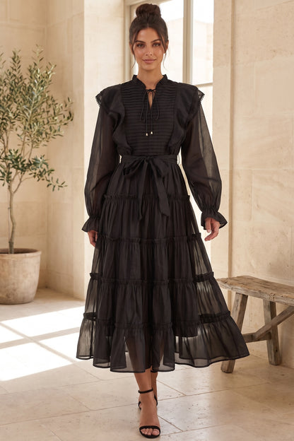 Black Tiered A-Line Midi Dress with Bishop Sleeves black lightweight semi-sheer woven fabric dress - product view 8