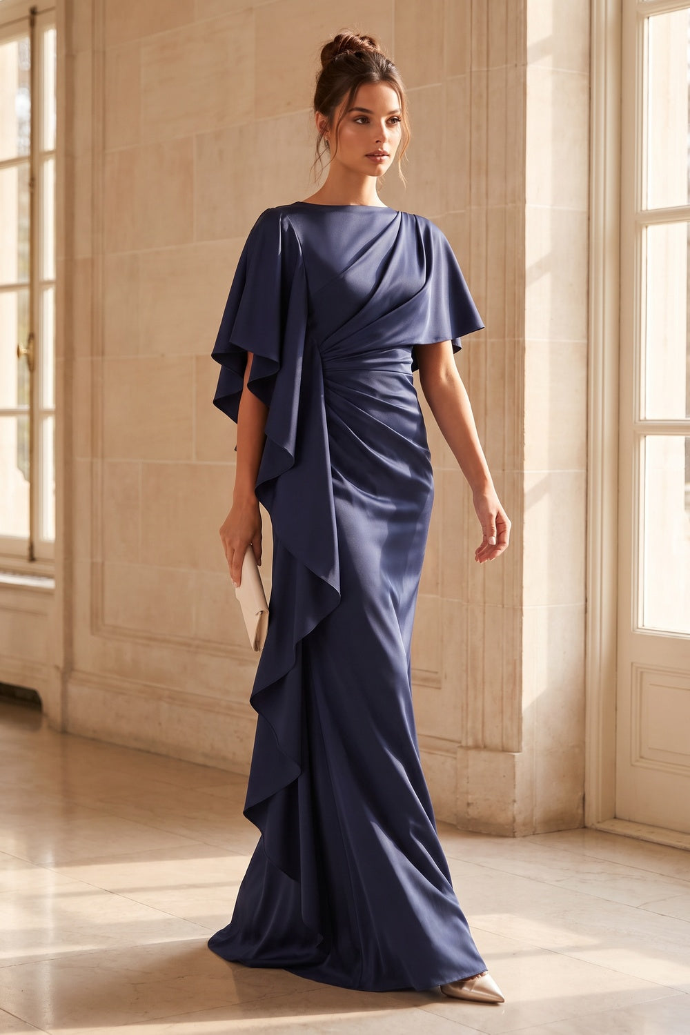 Navy Blue Satin Column Evening Gown with Asymmetrical Drape navy blue satin evening gown - product view 8