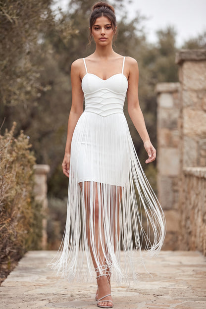White Structured Crepe Fringe Sheath Dress white structured crepe dress - product view 8