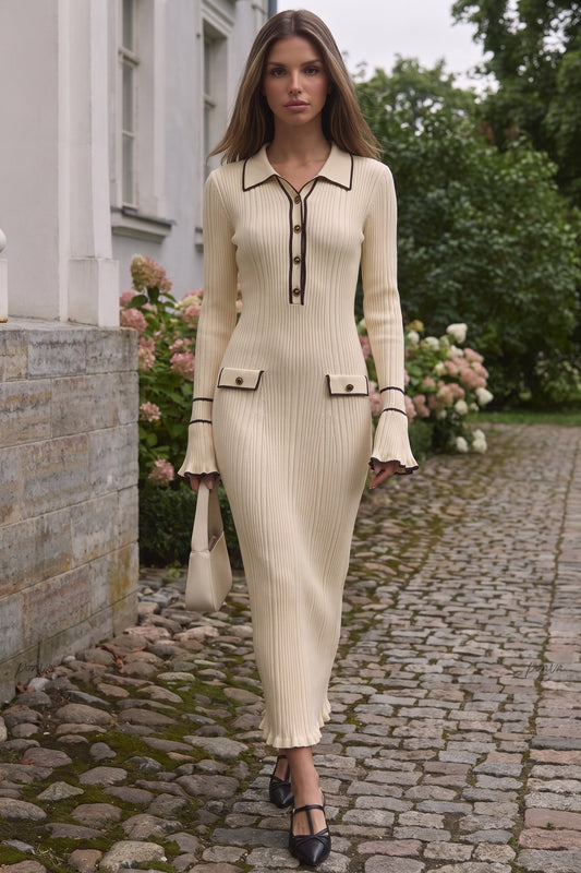 Cream Ribbed Knit Polo Dress with Contrast Trim cream ribbed knit dress - product view 8