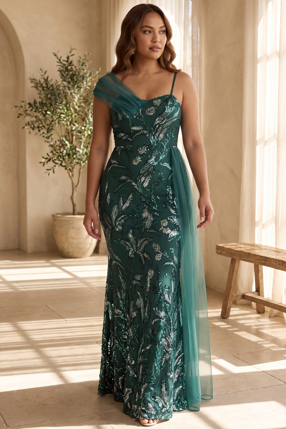 Emerald Green Sequined Mesh Mermaid Evening Gown