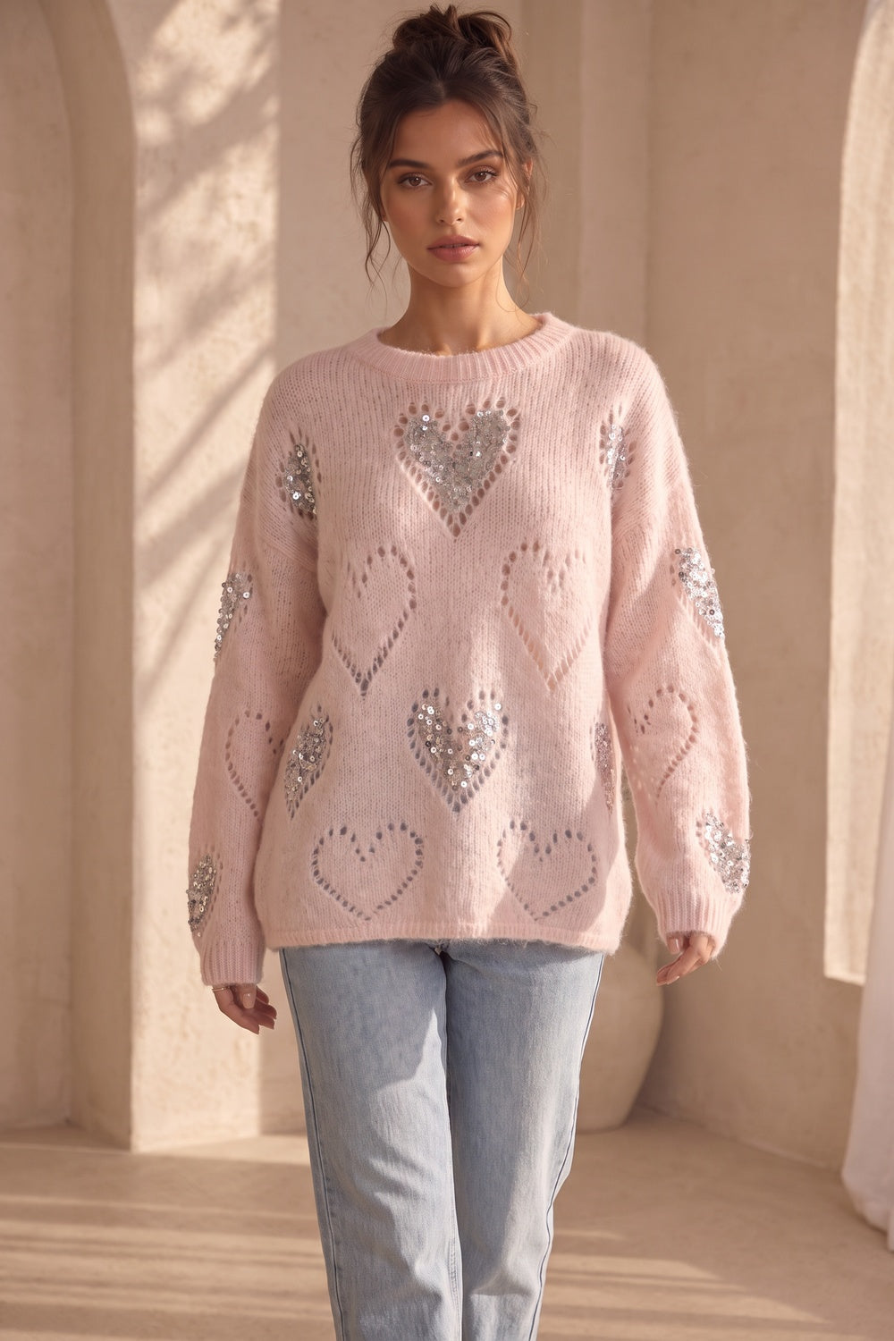 Pale Pink Fuzzy Mohair-Style Knit Oversized Sweater with Heart Motifs pale pink fuzzy mohair-style knit sweater - product view 8