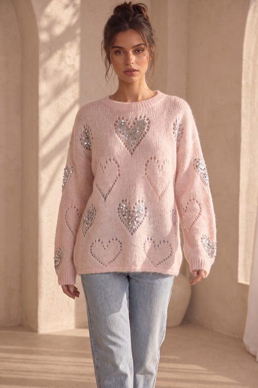 Pale Pink Fuzzy Mohair-Style Knit Oversized Sweater with Heart Motifs pale pink fuzzy mohair-style knit sweater - product view 8