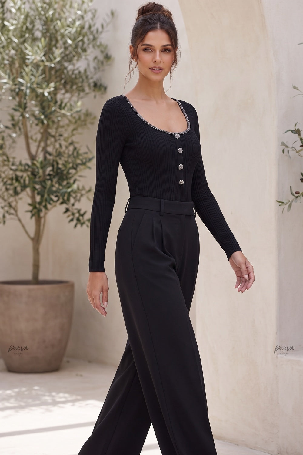 Black Ribbed Knit Fitted Top with Metallic Detail black ribbed knit knit top - product view 8