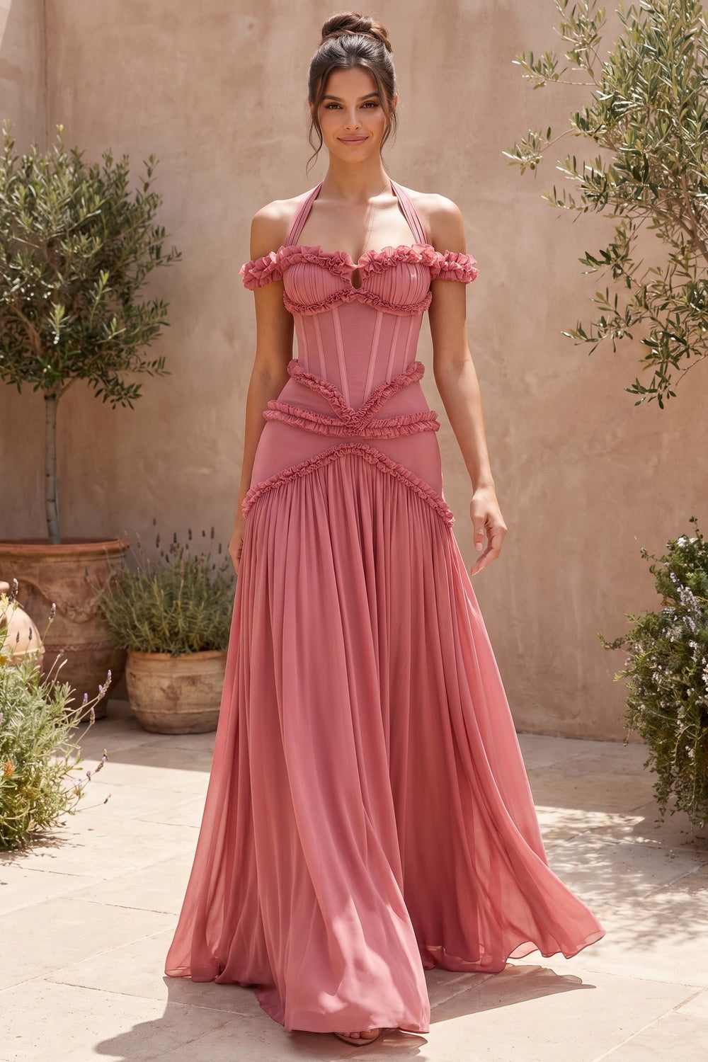 Dusty Rose Fitted Corset Gown with Tiered Ruffles and Halter Neck dusty rose lightweight crepe or georgette gown - product view 8