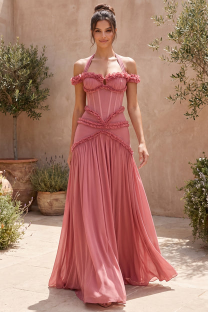 Dusty Rose Fitted Corset Gown with Tiered Ruffles and Halter Neck dusty rose lightweight crepe or georgette gown - product view 8