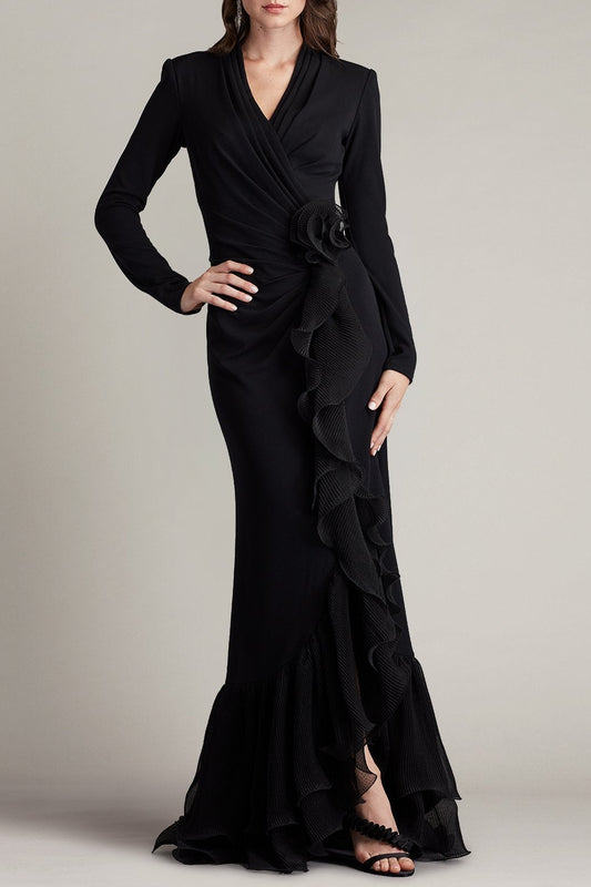 joyce black Ruffled Gathered high slit Knit Midi Dress