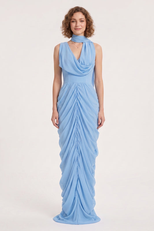 Light Blue Cowl Neckline Floor-Length Gown with Front Ruching Premium Fabric - product view 1