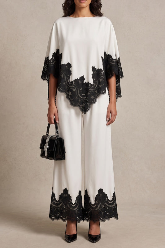 Black Lace Trim Flared Sleeve Top & Wide Leg Pants Co-ord Set
