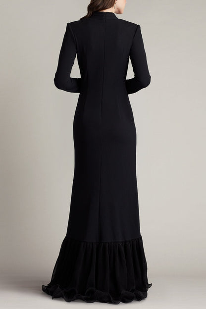 joyce black Ruffled Gathered high slit Knit Midi Dress