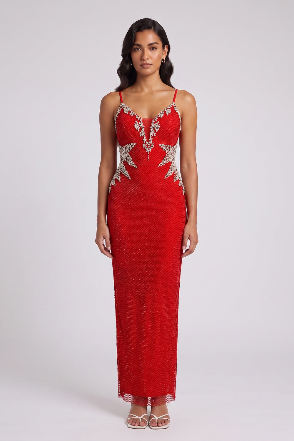 Red Beaded Mermaid Gown with Sparkle Detail Premium Fabric - product view 2