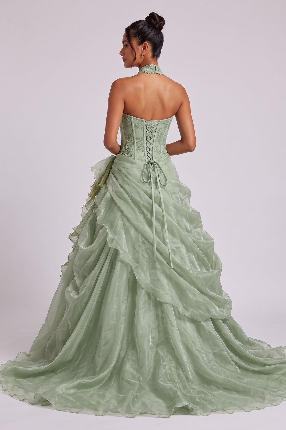 Sage Green Organza Ballgown Gown with Floral Lace and Cascading Ruffles sage green organza gown - product view 5