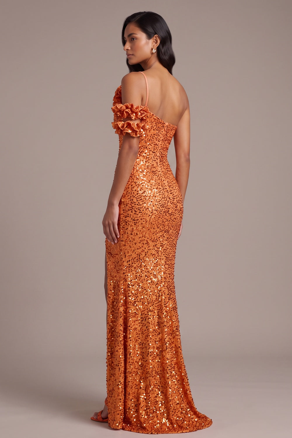 Orange Sequin One-Shoulder Floor-Length Gown Premium Fabric - product view 1