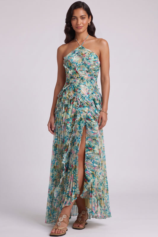 Green Pleated Chiffon A-Line Maxi Dress with High Slit and Cascading Ruffles green, teal pleated chiffon dress - product view 4