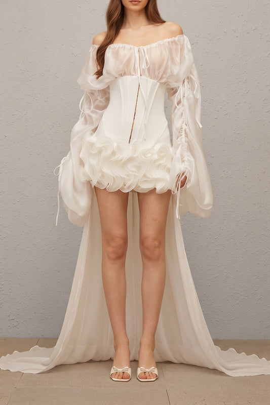 Off Shoulder Sheer Sleeve Corset Ruffle High Low Mini Dress