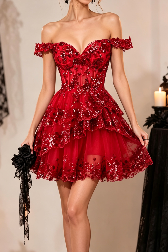 Sparkly Red A Line Off The Shoulder Corset Tiered Lace Short Homecoming Dress