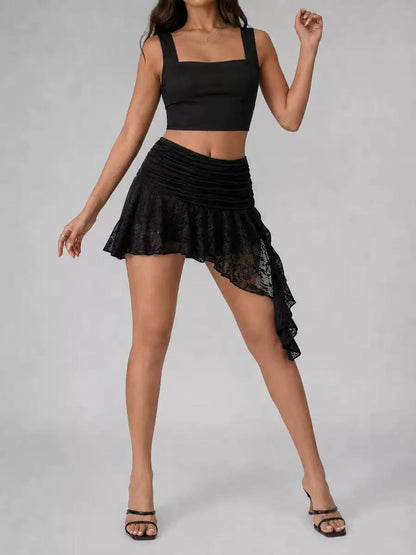Ruched Lace Asymmetrical Mini Skirt