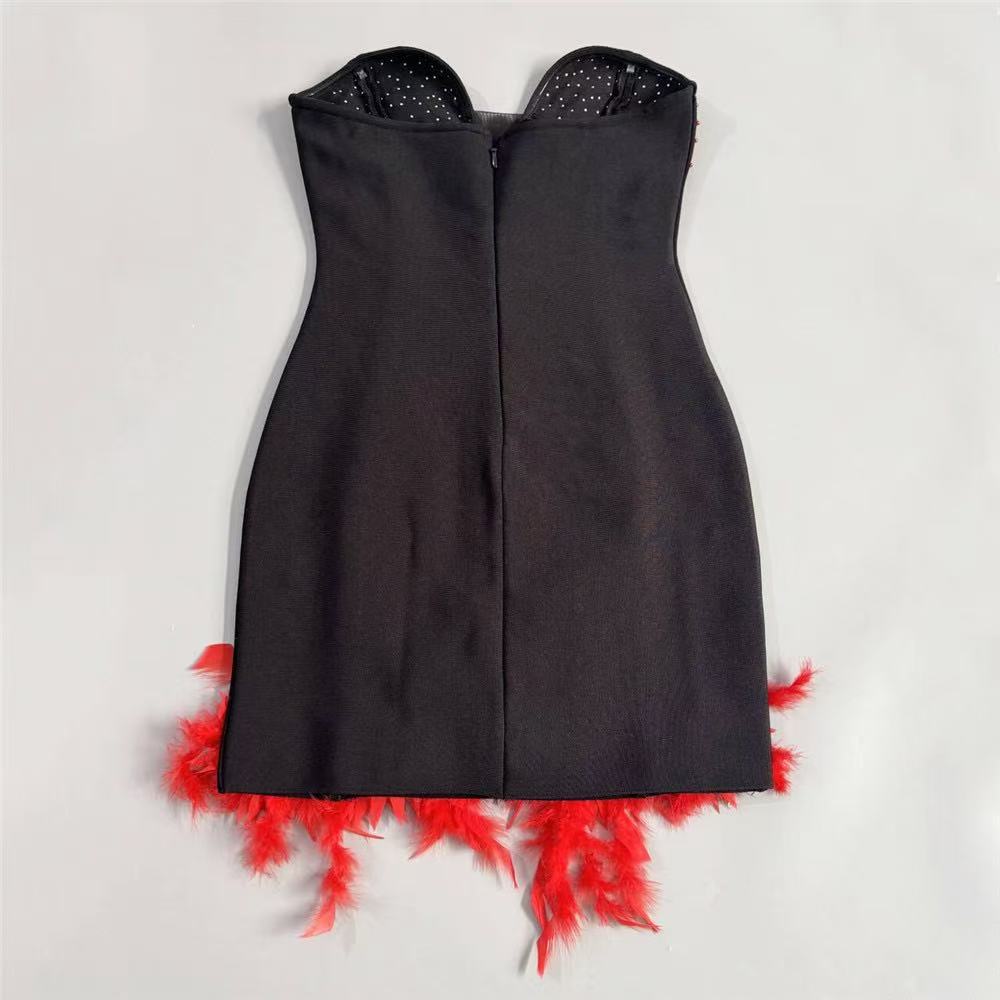 Black Heavy Stretch Knit Bodycon Mini Dress with Red Feather Trim