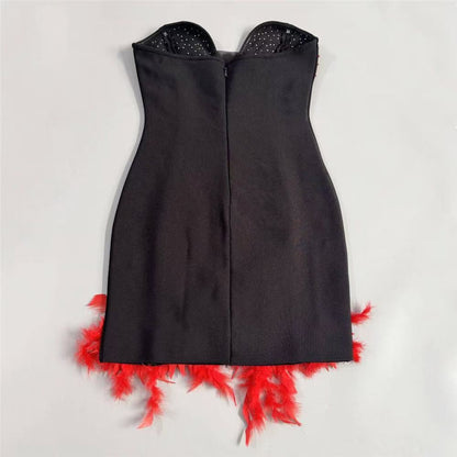 Black Heavy Stretch Knit Bodycon Mini Dress with Red Feather Trim