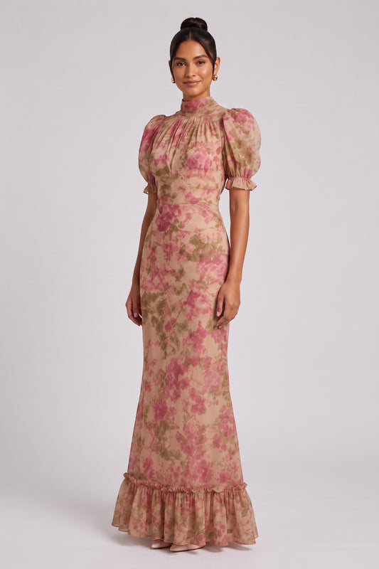 Beige Chiffon Mermaid Dress with Floral Print and Puff Sleeves beige chiffon dress - product view 1