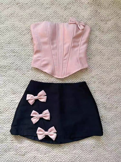 STRAPLESS CROP TOP WITH BOW EMBELLISHED SKIRT
