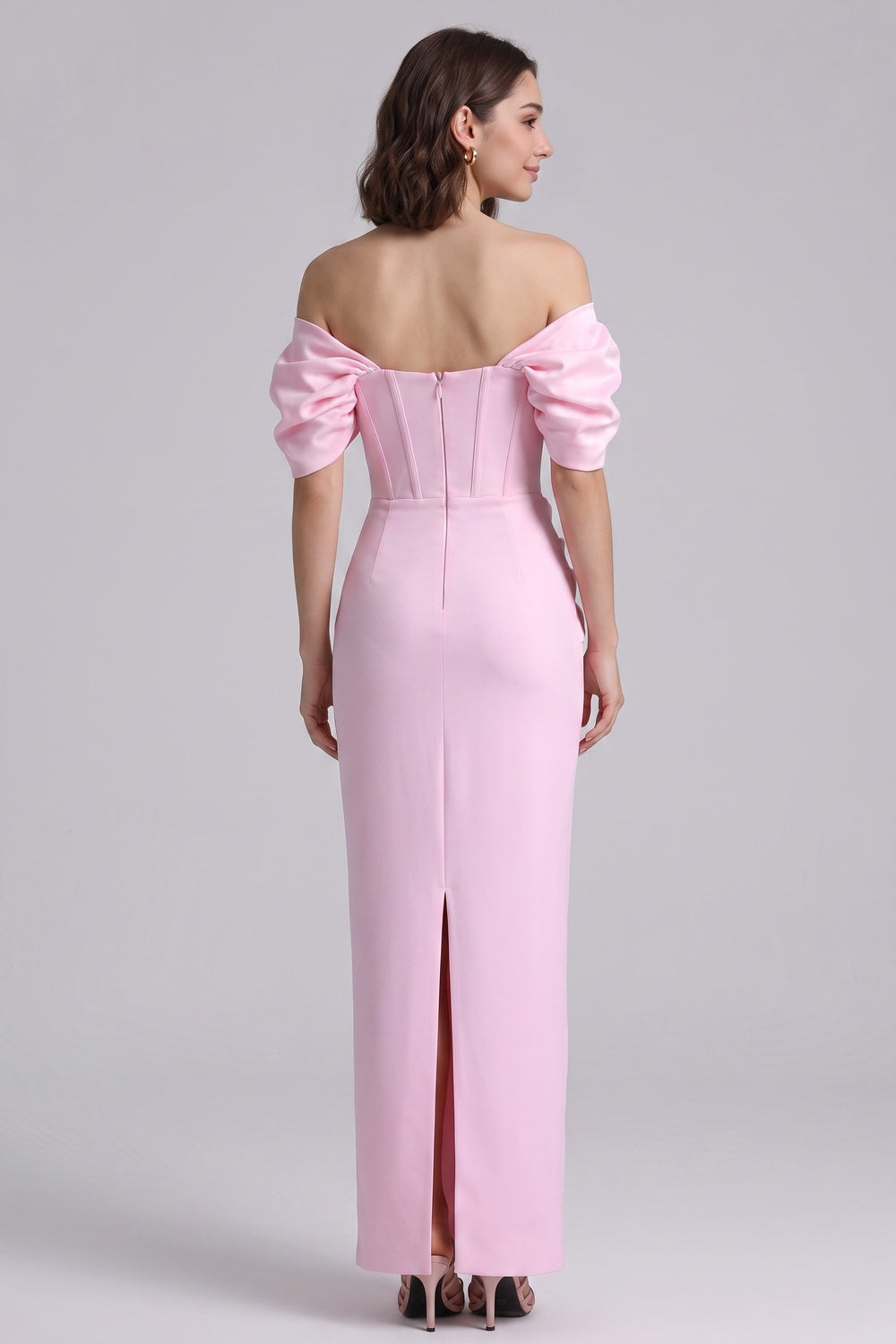 Light Pink Satin-Crepe Column Gown with Silver Sparkly Trim light pink satin-crepe gown - product view 5