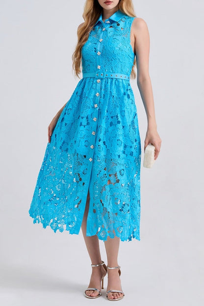 Collar Sleeveless High Waist Slim Dress In Blue