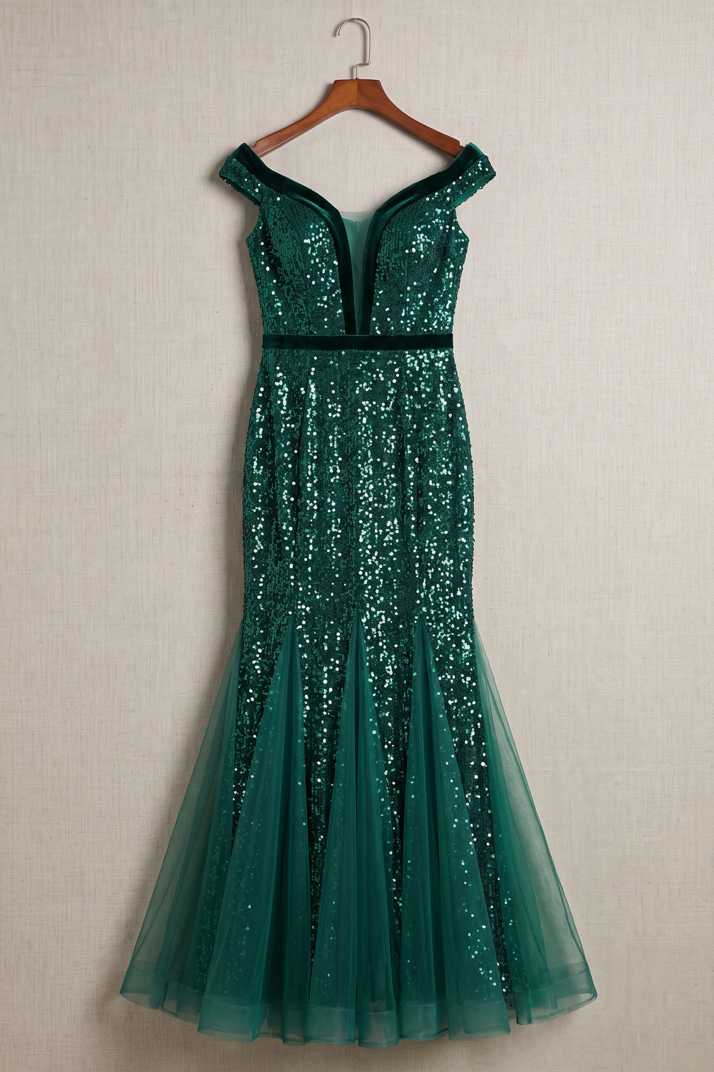 Emerald Green Off Shoulder Sequin Mermaid Evening Gown