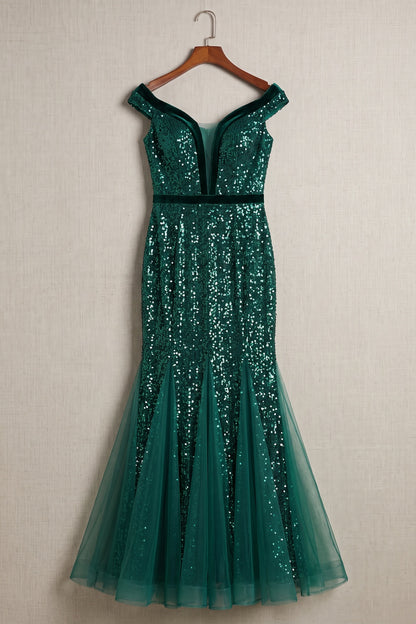 Emerald Green Off Shoulder Sequin Mermaid Evening Gown