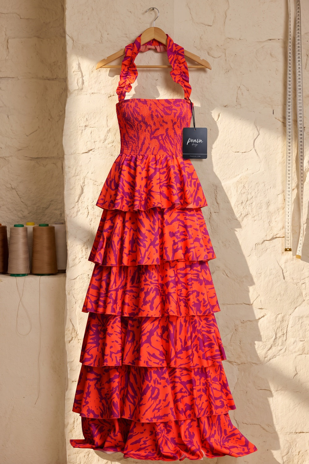 Orange and Purple Abstract Painterly Tiered Halter Maxi Dress orange lightweight woven synthetic tiered halter maxi dress - product view 2