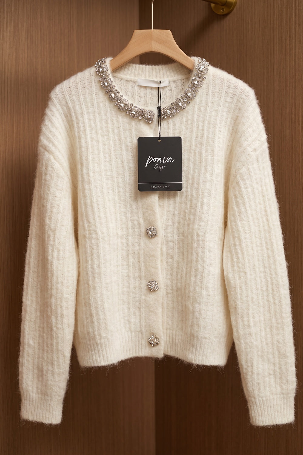 Off-White Mohair Cardigan with Rhinestone Trim off-white mohair-blend knit cardigan - product view 2