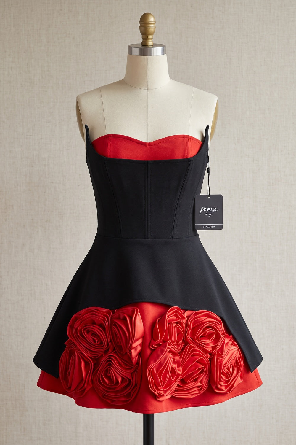 Black Structured Corset Mini Dress with 3D Red Satin Roses black structured matte woven fabric strapless mini dress - product view 2