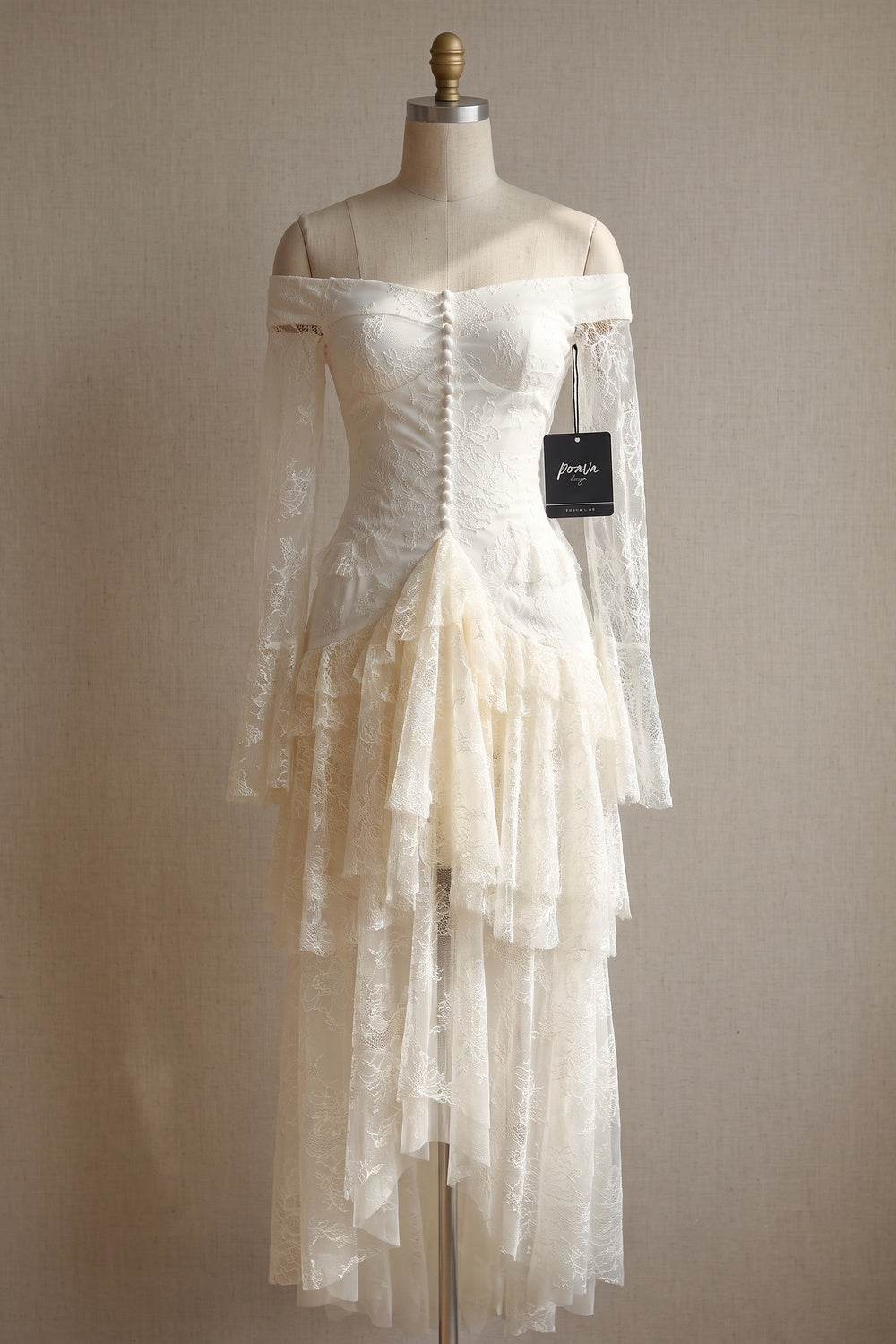 Ivory Floral Lace Off-Shoulder A-Line Maxi Dress with Tiered Ruffles ivory, cream floral lace dress - product view 2