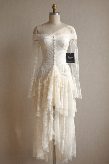 Ivory Floral Lace Off-Shoulder A-Line Maxi Dress with Tiered Ruffles ivory, cream floral lace dress - product view 2