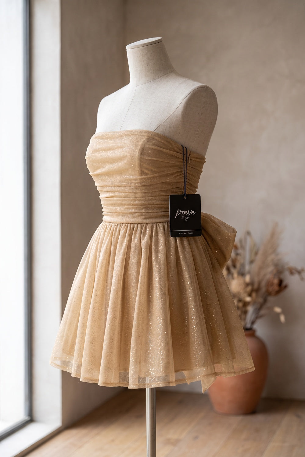Gold Tulle Mesh Overlay Fit-and-Flare Mini Dress gold, champagne tulle mesh overlay dress - product view 2