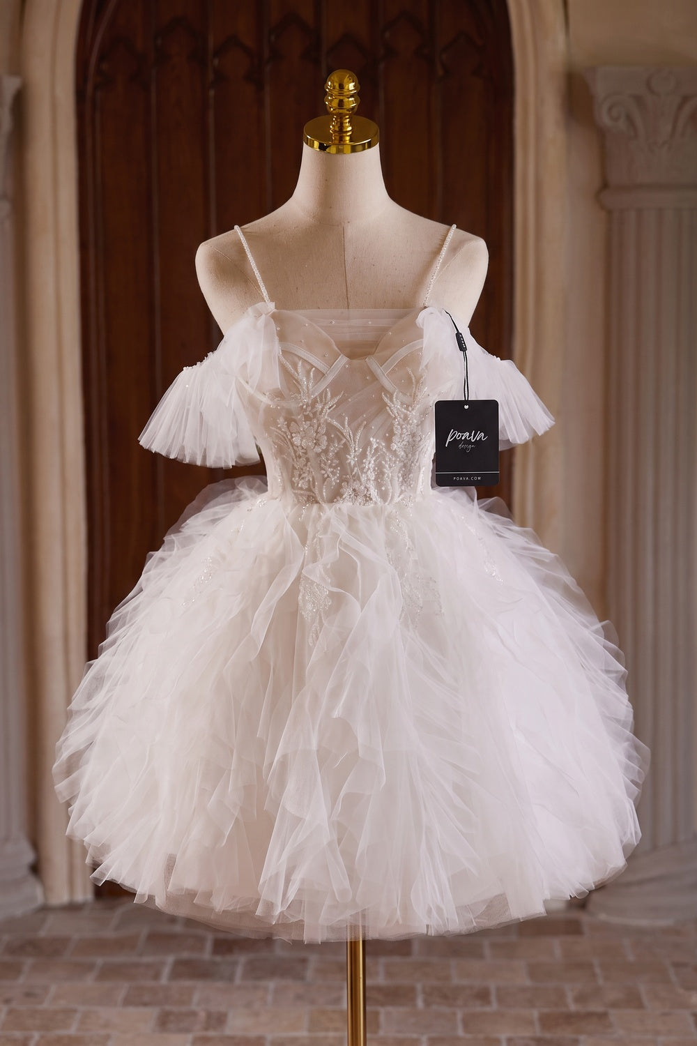 White Tulle Fit-and-Flare Mini Dress with Floral Lace Appliqué white tulle dress - product view 2